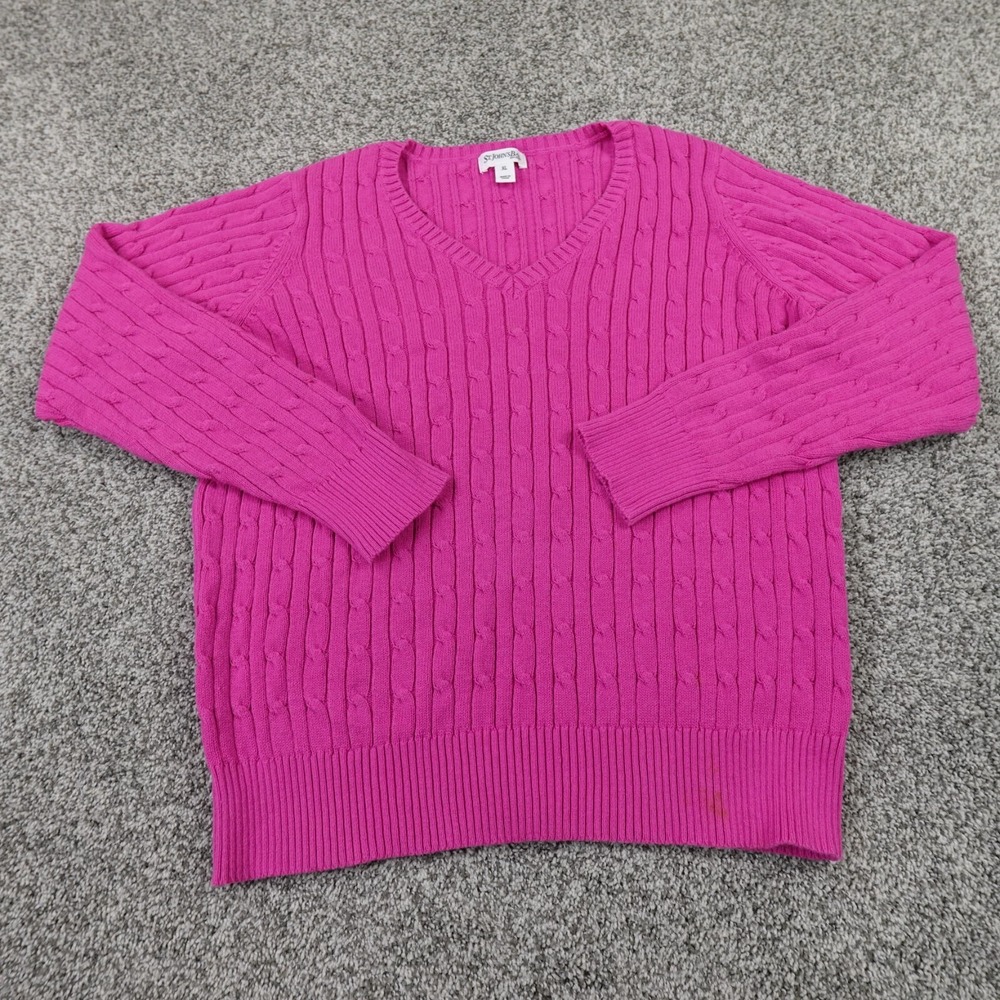 St Johns Bay Sweater Womens XL Pink Purple 3D Aran Cable Knit Pullover V Neck